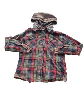 BiBi Plaid Hooded Button-Down Shirt Jacket - Red, Green & Gray Size M Oversized
